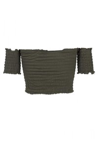 Olivengrønn off-the-shoulder topp med rynket tekstur, korte ermer og cropped design. Elastisk stoff for en tettsittende passform.