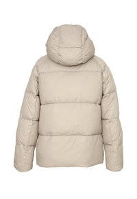 Giacca a vento beige con cappuccio, caratterizzata da un design trapuntato e una texture morbida e liscia. Materiale spesso e isolato con una vestibilità comoda.