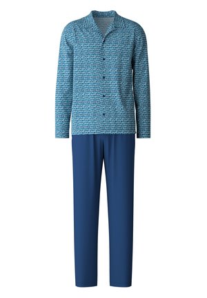 Chemise à manches longues bleue à motifs avec col et boutons, assortie à un pantalon bleu uni. Les matériaux semblent légers, avec une texture lisse.