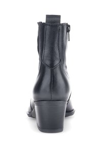 Zwarte leren enkelboots met een subtiele textuur, een middenhoge hak en een zijritsdetail. Soepel, slank ontwerp.