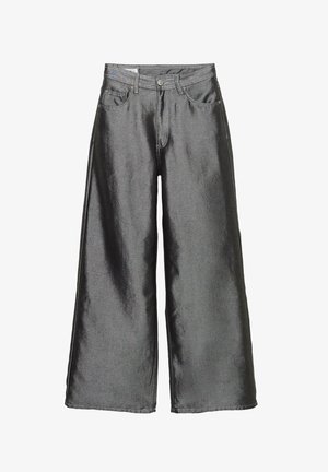 Wide-leg pants made of metallic dark gray fabric with a smooth texture. Features belt loops, front pockets, and contrast stitching.