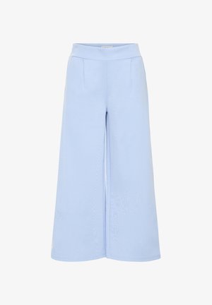 Svetlo modre hlače širokih hlačnic z visokim pasom, sprednjimi gubi in gladko tkaninsko teksturo, prikazane na belem ozadju.