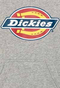 Gray sweatshirt featuring a large red and yellow "Dickies" logo on the front, with a classic kangaroo pocket at the bottom.