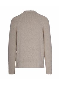 Maglione beige a maglia con un motivo testurizzato, maniche raglan e orlo a coste. Il tessuto appare morbido e accogliente, adatto per il clima più fresco.