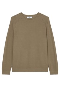 Pull beige à manches longues avec encolure ronde, motif en maille texturée et poignets et ourlet côtelés, étiqueté Marc O'Polo Denim.