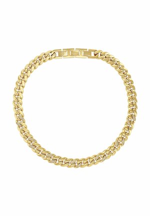 Goldkette mit dicken Gliedern, einige davon mit kleinen Diamanten besetzt, mit einem rechteckigen Verschluss in der Mitte.