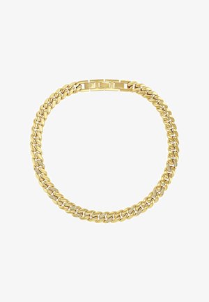 Collar de cadena de oro con eslabones gruesos, algunos incrustados con pequeños diamantes, con un cierre rectangular en el centro.