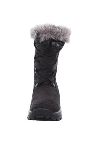 Botas de invierno impermeables negras con ribete de pelo sintético en la parte superior. Presentan una parte superior acolchada y un diseño de cordones para un ajuste ajustable. Suela de goma gruesa.