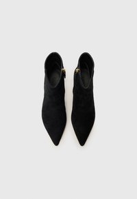 Stivali alla caviglia in suede neri con punte appuntite e zip dorate, esposti dall'alto su uno sfondo bianco.