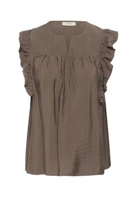 Blouse marron sans manches avec de subtiles rayures verticales, épaules à volants, coupe ample et petite encoche en V au col.