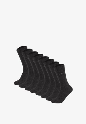 Ti par mørkegrå sokker lavet af et blødt, tekstureret materiale. Hver sok har en ribbet kant og et logo trykt nær anklen.