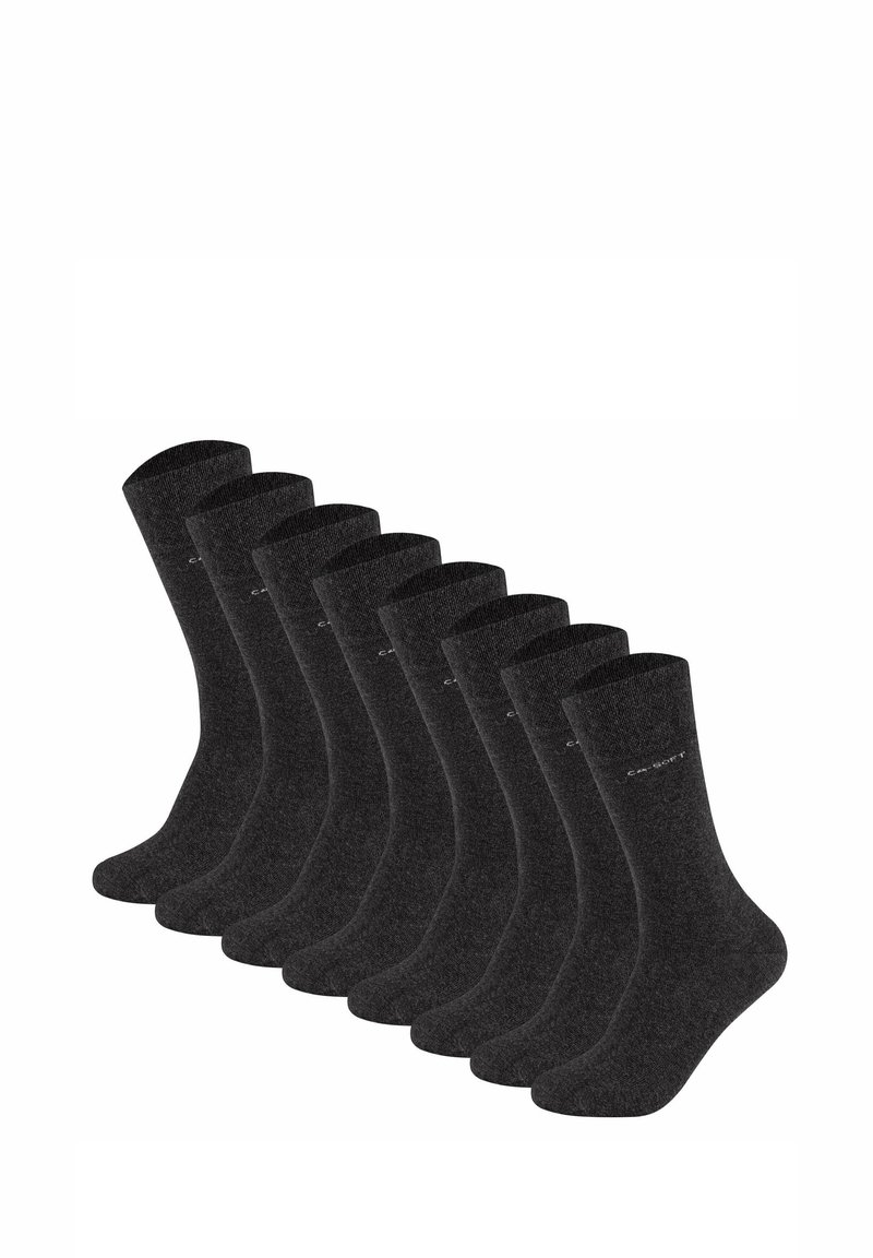 Diez pares de calcetines gris oscuro hechos de un material suave y texturizado. Cada calcetín cuenta con un puño acanalado y un logotipo impreso cerca del tobillo.