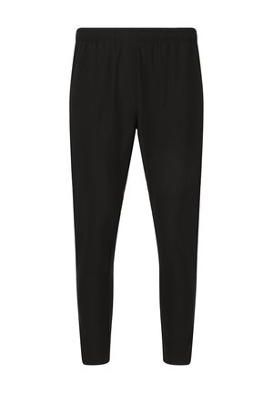 Pantaloni sportivi neri, leggeri, con elastico in vita. Vestibilità slim, texture liscia, senza motivi visibili o dettagli metallici.