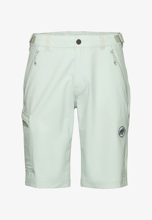 Pantaloncini cargo grigio chiaro con tasche con cerniera, linguette regolabili in vita e piccolo logo mammut sulla gamba destra.