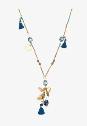 Kuldne kaelakee, millel on sinised tõmblukud, erinevad helmed ja dekoratiivsed amuletid, sealhulgas ümmargune ketas ja mitmesugused gemmused.