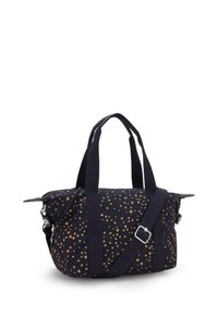 Bolsa negra con estampado de estrellas doradas, material de tela, doble asas, correa ajustable, cierre con cremallera y acentos de hardware plateado.