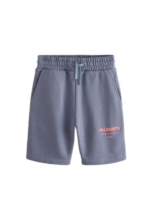 Sinised elastse vöökohaga lühikesed püksid paelaga, küljetaskudega ja oranži "ALLSAINTS" logoga vasakul säärel.
