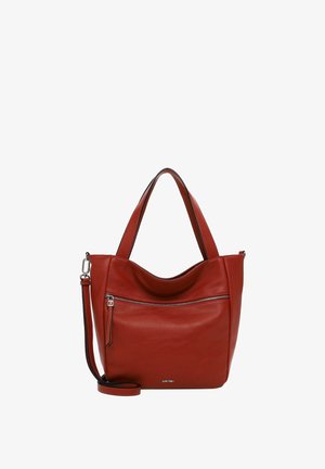 Red leather tote bag with a rounded shape, two short handles, and a removable shoulder strap. Features a front zipper pocket with silver hardware.