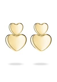 Herzförmige Ohrringe in Goldtone mit einer glatten, polierten Oberfläche. Das Design umfasst ein kleineres Herz, das auf einem größeren Herz sitzt.