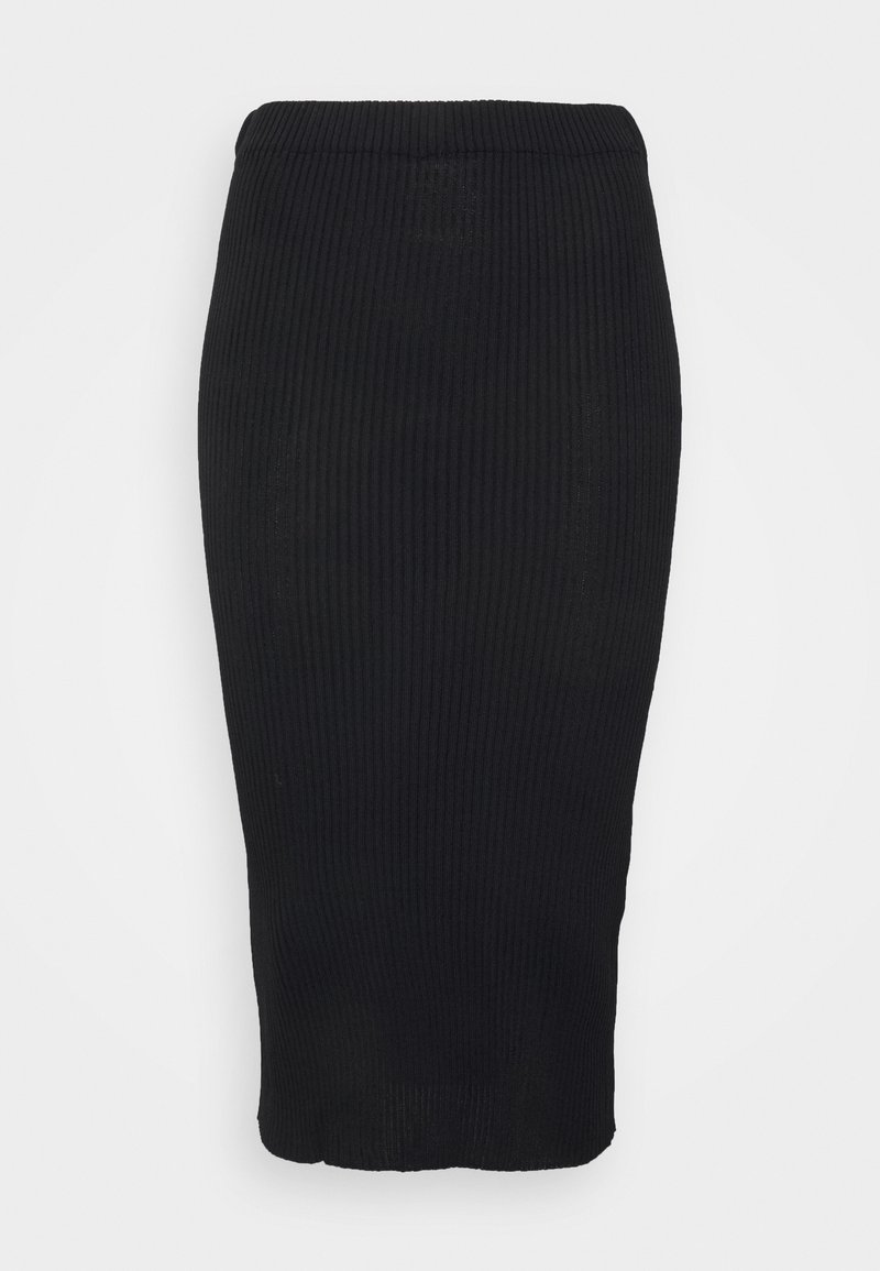 Černá žebrovaná tužková sukně s obepínajícím střihem. Má vysoký pas a hladkou texturu. Bez dalších vzorů nebo ozdob.