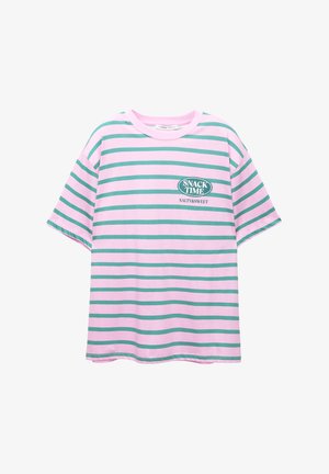 Striped t-shirt with pink and green horizontal lines. Features a round neckline and "SNACK TIME SALTY&SWEET" graphic on the front.