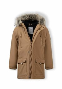 Hnedá parka bunda s umelou kožušinou na kapucni, predným zipsom, dvoma bočnými vreckami a etiketou. Hladká textúra s vodoodpudivým povrchom.