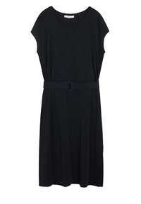 Schwarzes Kleid aus glattem Stoff, mit kurzen Ärmeln, Rundhalsausschnitt, Taillengürtel und lockerem Schnitt mit vertikalen Nähten.