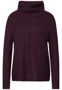 Pull col roulé violet en tissu doux. Il présente des manches longues, une coupe décontractée et des accents côtelés au niveau du col et de l'ourlet.