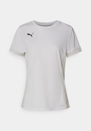 T-shirt sportivo bianco realizzato in tessuto traspirante con pannelli laterali in rete e accento nero del logo sul petto. Maniche corte e colletto rotondo.