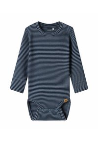 Dolgoročni zavihek bodysuit v mornarsko modri in sivi barvi, z okroglem izrezom, zapenjanjem na dnu z gumbi in majhnim logotipom.