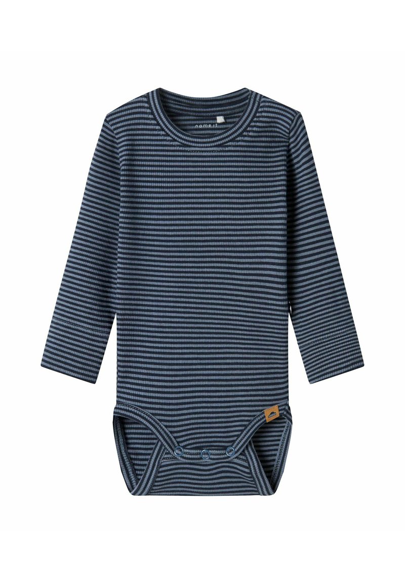 Dolgoročni zavihek bodysuit v mornarsko modri in sivi barvi, z okroglem izrezom, zapenjanjem na dnu z gumbi in majhnim logotipom.