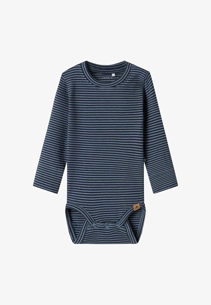 Dolgoročni zavihek bodysuit v mornarsko modri in sivi barvi, z okroglem izrezom, zapenjanjem na dnu z gumbi in majhnim logotipom.
