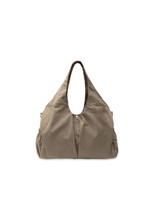 Grand sac fourre-tout en tissu marron avec de larges anses et un détail de fermeture à bouton pression au centre supérieur.