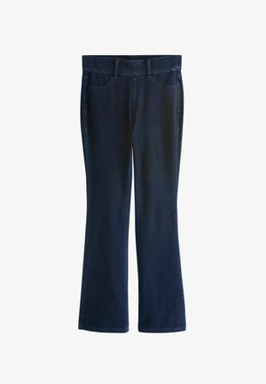 Dunkelblaue ausgestellte Jeans aus Denim, mit Vordertaschen und einem Bund. Glatte Textur mit leichtem Stretch für Komfort.