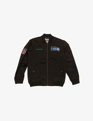 Black bomber jacket with NFL and Seahawks logos. Features zip closure, ribbed cuffs and hem, and side pockets. Made from smooth fabric.