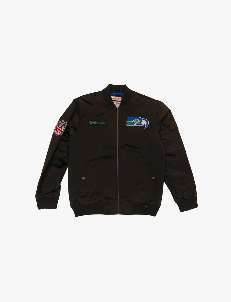 Black bomber jacket with NFL and Seahawks logos. Features zip closure, ribbed cuffs and hem, and side pockets. Made from smooth fabric.