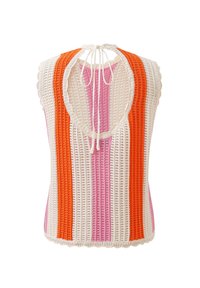 Gehäkeltes Tanktop mit weitem, rundem Ausschnitt in orange, pink und cremefarbenen Streifen. Mit gewelltem Saum und rückseitigem Bindedetail.
