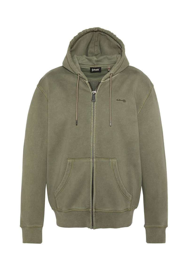 Olijfgroene rits-hoodie van een katoenmix, met een trekkoordkap, twee voorkruiden en ribgebreide manchetten. Schott-logo op de borst.
