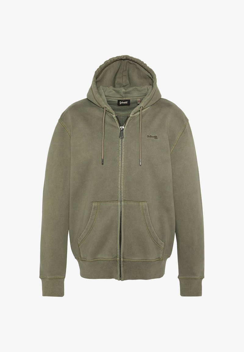 Olivegrüner Kapuzenpullover mit Reißverschluss aus Baumwollmischung, mit verstellbarem Kordelzug in der Kapuze, zwei Fronttaschen und gerippten Bündchen. Schott-Logo auf der Brust.