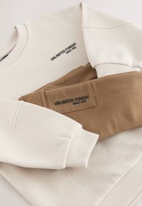 Felpa color crema con polsini a coste e una manica marrone piegata sopra, entrambe etichettate "UNLIMITED FUNDAY SINCE 1982."