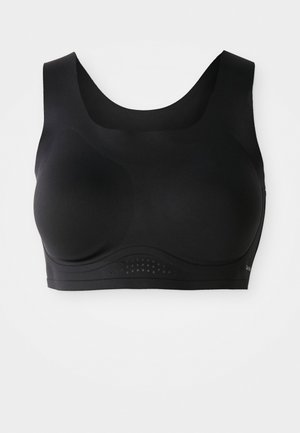Seamless black sports bra with wide straps, molded cups, and ventilation holes below the bust band on a white background.