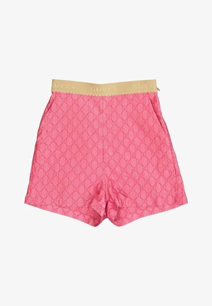 Rosa Satinhose mit durchgehend geprägtem Gucci-Monogramm-Muster und beigem elastischem Bund mit Gucci-Logo.