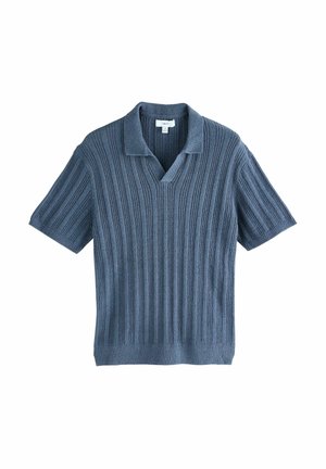 Short-sleeve, deep blue knit polo shirt with vertical ribbed texture and a notched collar. Fitted design with a solid color.