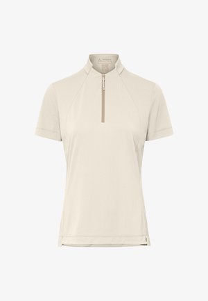 Beiges Sportshirt mit kurzen Ärmeln, Viertelreißverschluss und Stehkragen, Vorderansicht mit Markenname im Krageninneren.