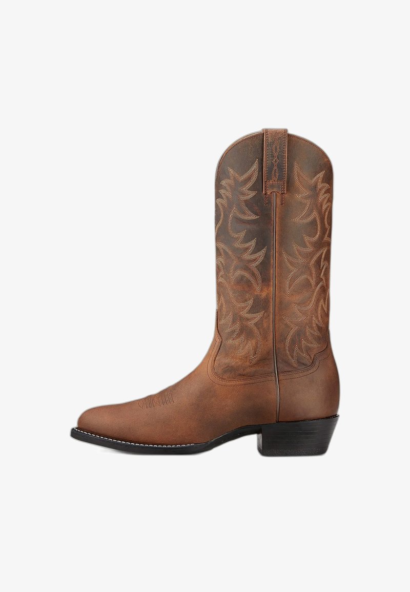 Brun läder cowboystövel med sydda dekorativa mönster och låg staplad klack, visad från sidan på vit bakgrund.