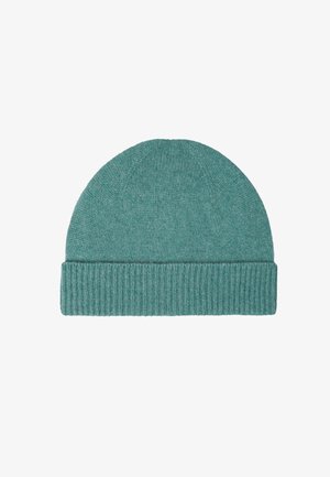 Gestrickte türkise Mütze mit umgeschlagenem Rippbündchen, glatter Textur und nahtlosem, abgerundetem Oberteil. Ideal für legere Winterbekleidung.