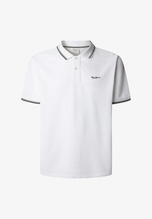 Biała koszulka polo z bawełny z klasycznym kołnierzykiem, dwoma guzikami oraz czarnym wykończeniem na kołnierzu i rękawach. Posiada małe logo.