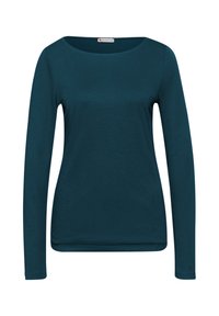 Langærmet top i mørk teal, lavet af blødt stof. Har en rund halsudskæring og en tætsiddende form med manchetter og uden mønstre.
