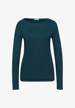 Długi rękaw w ciemnym teal, wykonany z miękkiego materiału. Ma okrągły dekolt i dopasowany kształt z mankietami oraz bez wzorów.