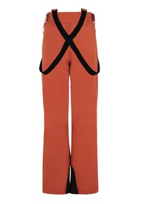 Oranje broek met uitlopende pijpen en zwarte kruisbanden aan de achterkant. Beschikt over twee zijzakken en een gladde, matte textuur.